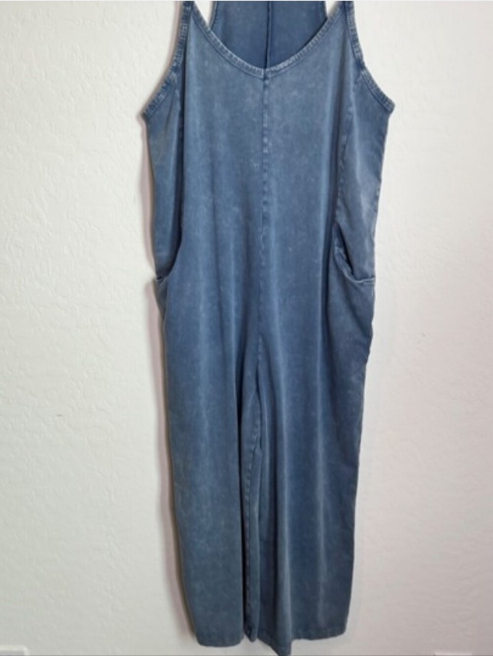 Anthropologie Sundry Blue Mineral Wash Wide Leg Cropped Jumpsuit L Boho Lounge - Picture 6 of 11